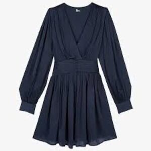 The Kooples Navy Long Sleeve Mini Dress V-Neck Pleated Skater Size FR/1 US Small